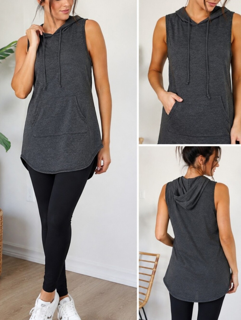 Papillon Blanc Charcoal Sleeveless Hooded Tunic Top Size Medium